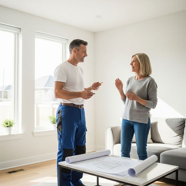 A friendly contractor and a homeowner discussing renovation plans in a modern home