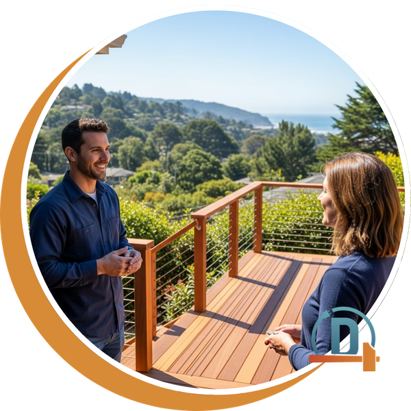a local expert discussing a new deck project with a satisfied homeowner in Santa Cruz