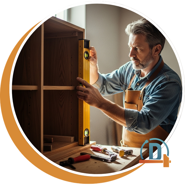 a skilled craftsman carefully uses a level to ensure a new dark oak kitchen cabinet is perfectly aligned during installation