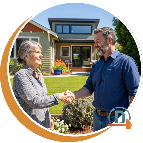 a smiling contractor discussing the completed project with a happy homeowner in front of her Santa Cruz home