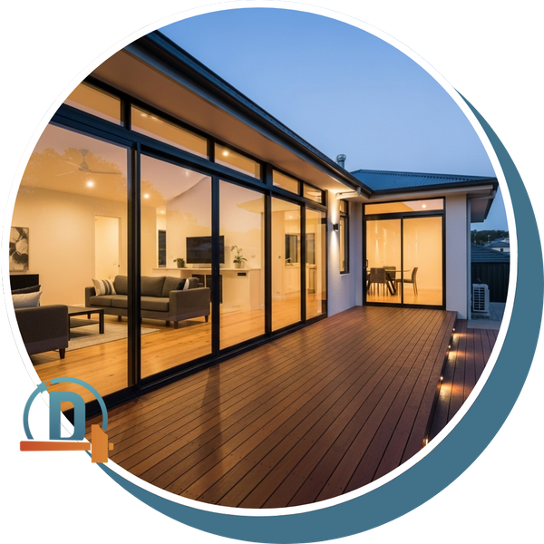 a beautiful new deck seamlessly integrated with the home's living room through large sliding glass doors