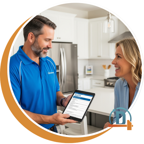 A contractor showing a homeowner a detailed, transparent quote on a tablet