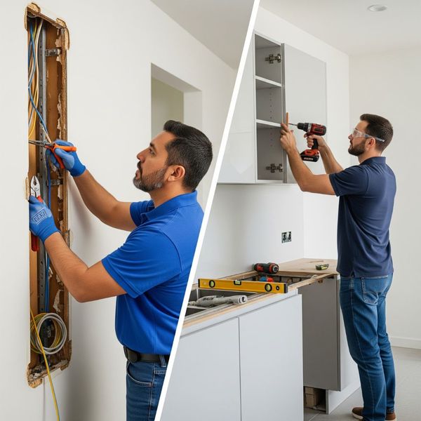 A split image showing an electrician working on wiring and a contractor installing a cabinet