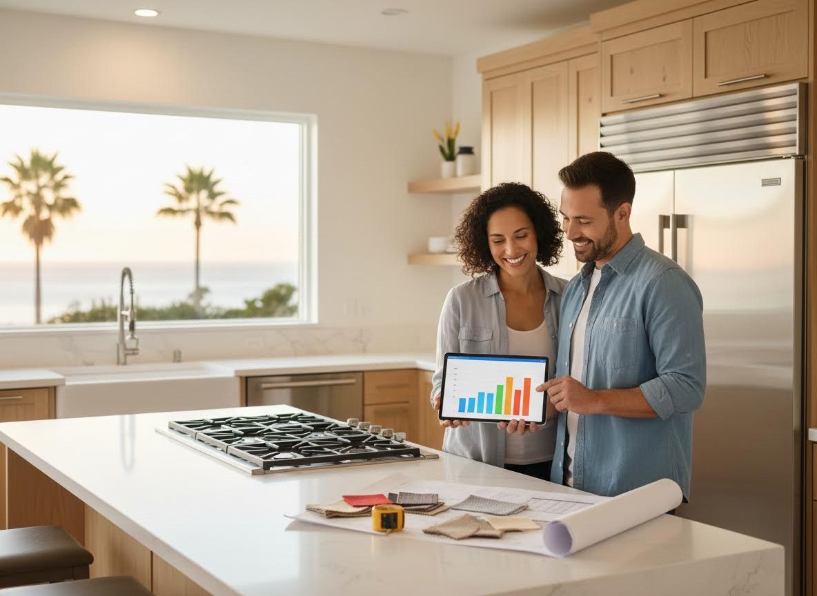 Couple reviewing home renovation plans and data in a modern kitchen