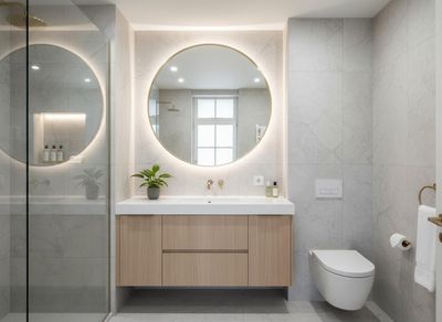 A contemporary bathroom with light gray marble walls, a round backlit mirror above a light wood vanity, and a white wall-mounted toilet. Sleek Modern Bathroom with Backlit Mirror