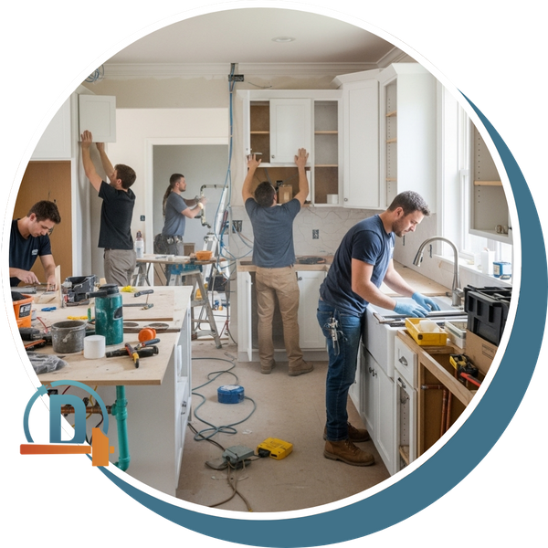 a kitchen mid-remodel, with contractors installing new cabinets while electrical and plumbing work is visible in the background