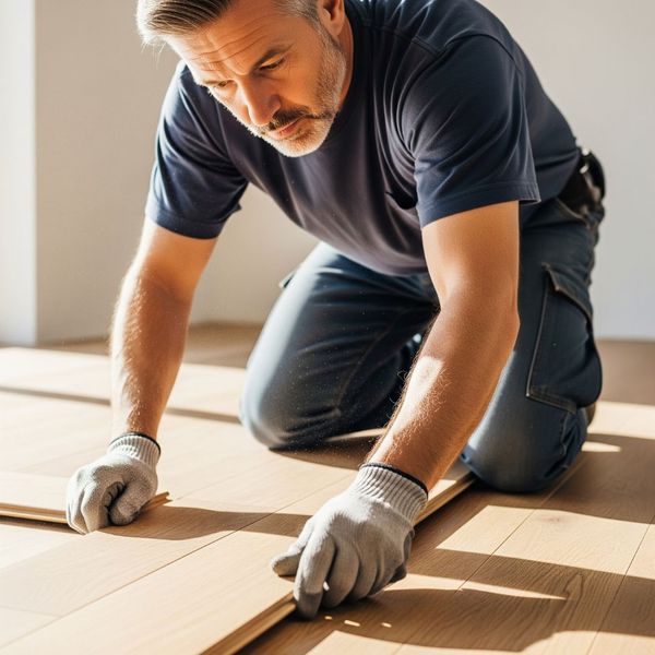 A skilled contractor carefully installing new hardwood flooring in a home
