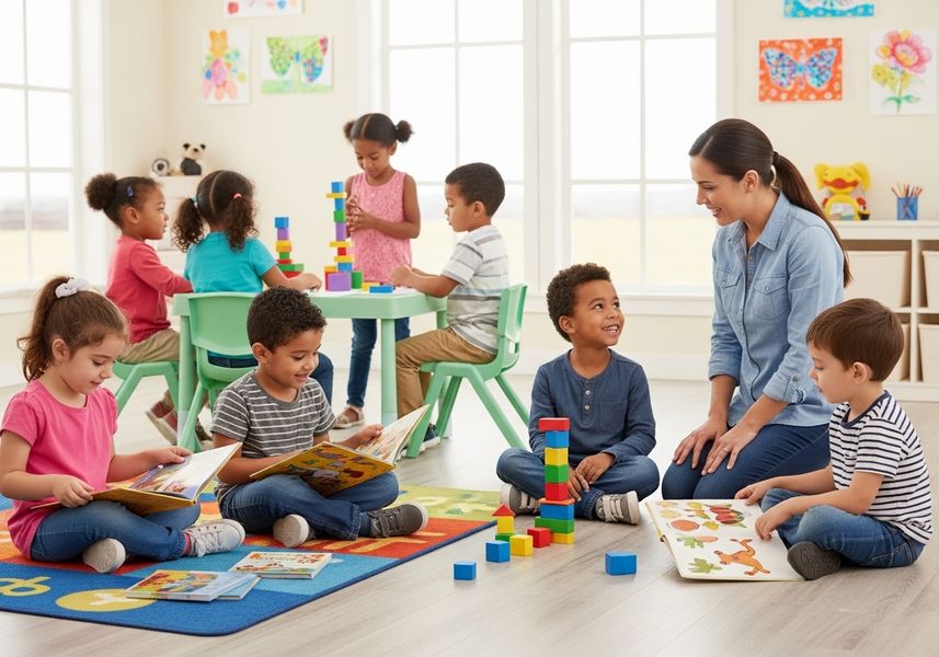 A diverse group of young children are learning and playing in a bright preschool classroom, with some reading books and others building with colorful blocks, overseen by a smiling teacher. Kids Learning in Preschool