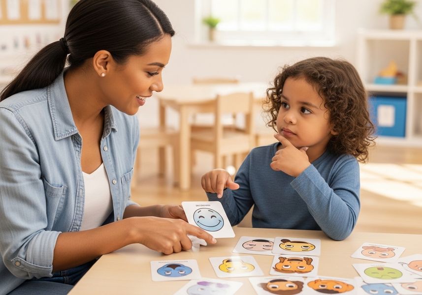 A young girl with curly hair sits at a table with an instructor, learning about emotions using cards with different facial expressions. The instructor points to a card with a happy face, while the girl looks thoughtful. Emotion Recognition Game