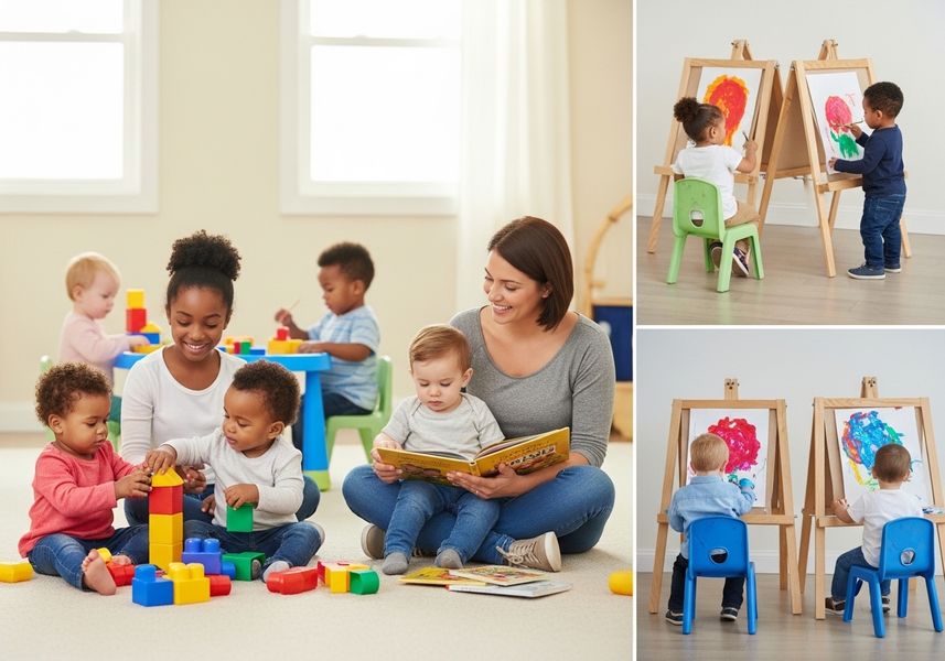 A vibrant and inclusive daycare scene featuring children of diverse backgrounds enjoying various activities. Toddlers are shown constructing towers with colorful blocks, listening to a story read by a smiling teacher, and expressing their creativity through painting at easels, all in a bright and cheerful learning environment. Diverse group of toddlers engaging in creative activities at daycare