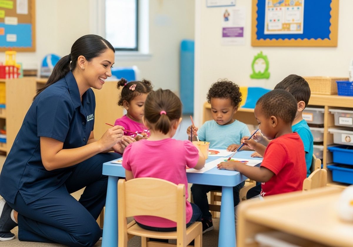 Preschoolers Painting with Teacher