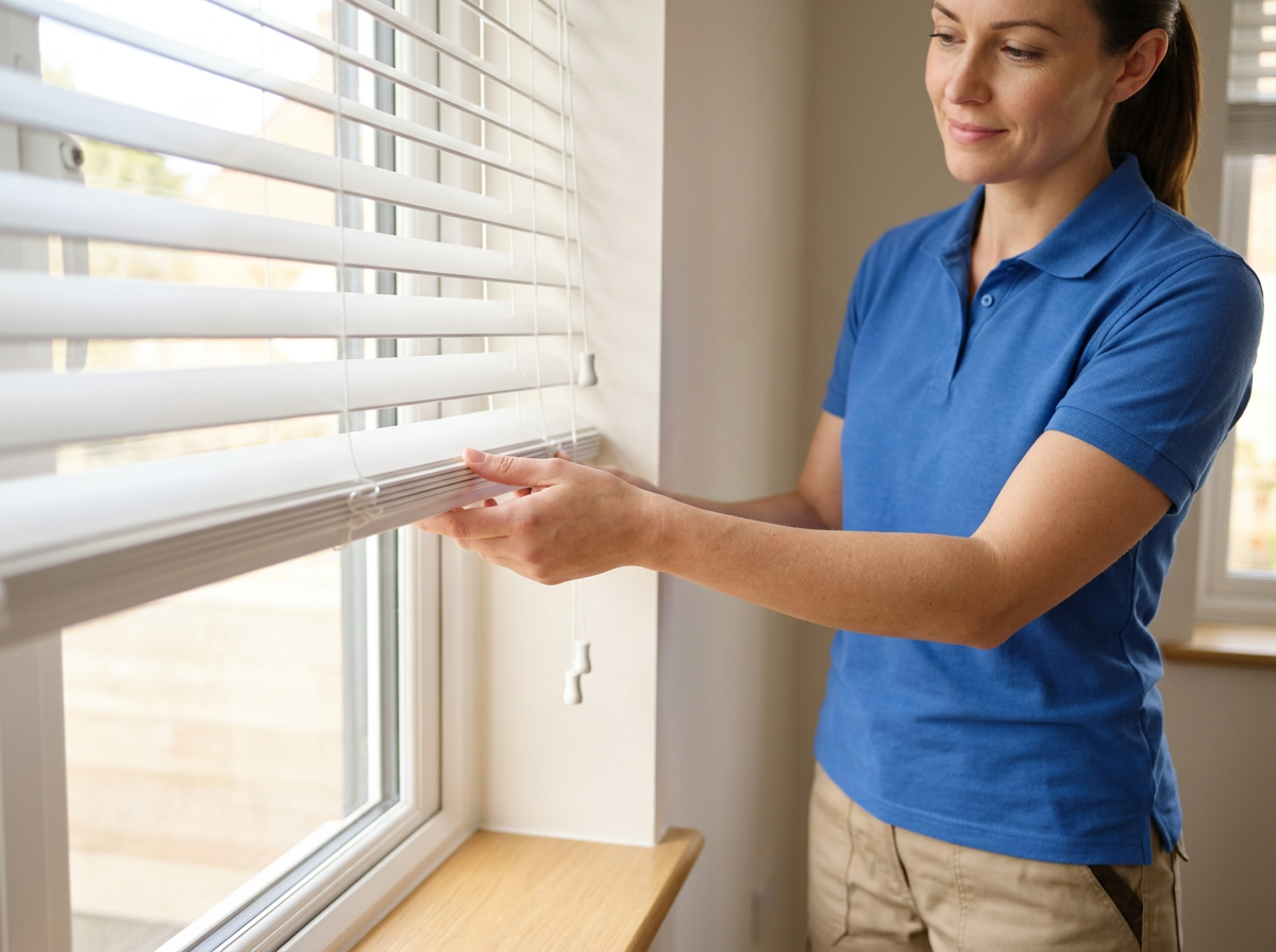 Woman Adjusting White Window Blinds