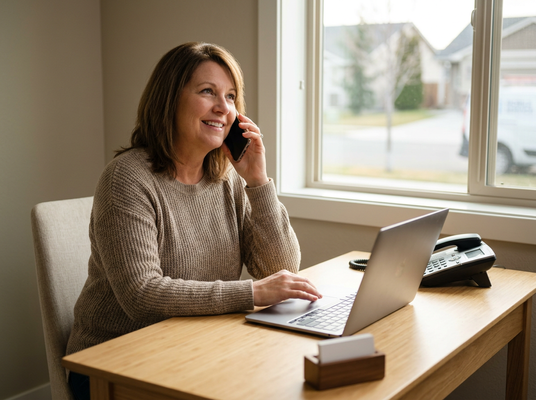 A smiling woman in a beige sweater is on a smartphone call while typing on her laptop at a wooden desk by a window. Woman Working From Home