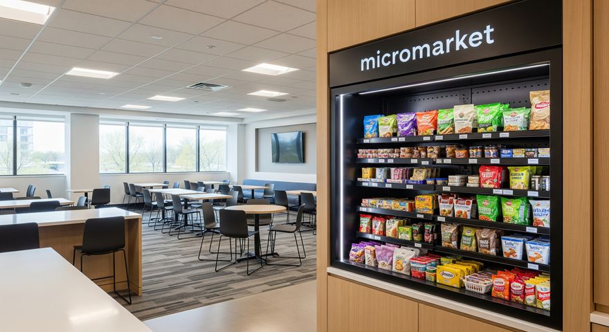 Modern office breakroom with a sleek micro market offering healthy and allergy-friendly snacks, conveying a safe and inclusive workplace.