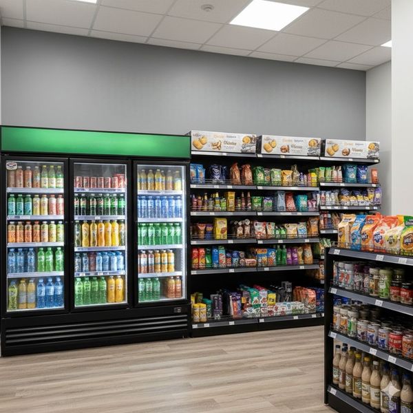 Well-stocked office micro market with shelves of snacks and refrigerated drinks.