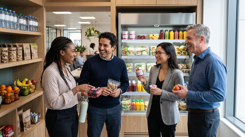 Colleagues choosing healthy snacks in a modern corporate breakroom micro-market. Colleagues choosing healthy snacks in a modern corporate breakroom micro-market.