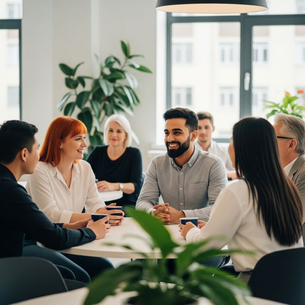 Diverse employees interacting positively in a modern breakroom, emphasizing inclusivity and well-being.