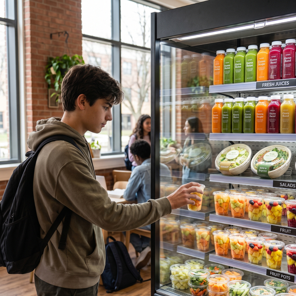 A student selects a fresh fruit cup from an open display fridge.