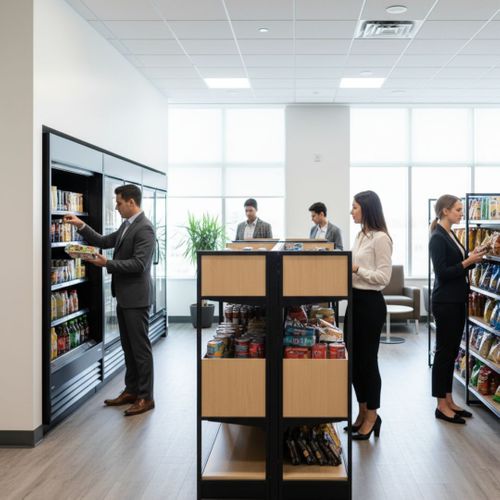 People browse a well-organized micro-market with wide aisles, making selections from open shelves and refrigerated units.