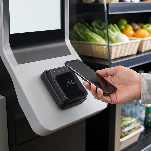 Close-up of a customer easily paying with a smartphone at an advanced, secure micro-market payment terminal.