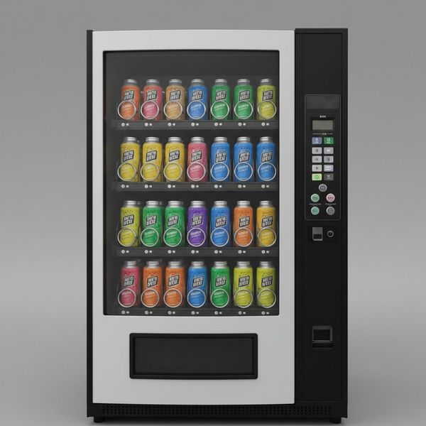 A modern micro market vending machine displaying various colorful beverage cans.