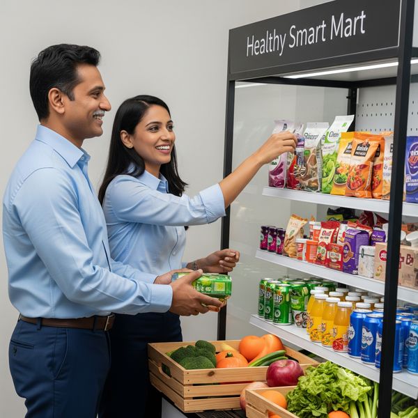  A happy business owner setting up a Healthy Smart Mart micro market, symbolizing growth and support.