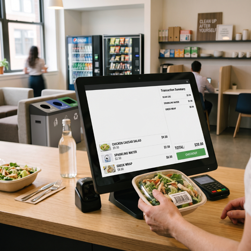 Self-checkout kiosk scanning prepackaged lunch in corporate breakroom