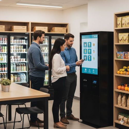 Three professionals interacting with a modern self-service kiosk in an office breakroom, browsing options.