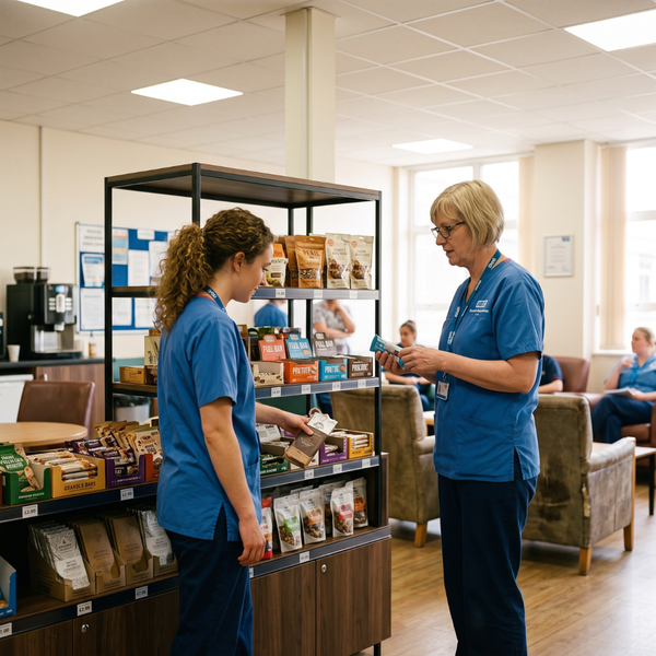 Two hospital workers in blue scrubs browsing a micro-market shelf.