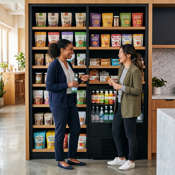 Coworkers chatting in front of a shelf of healthy snack options.