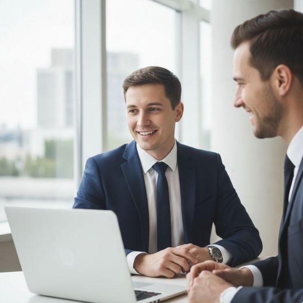 Two smiling businessmen discussing something on a laptop in a modern office.