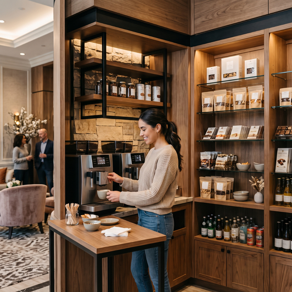 A woman uses an espresso machine in a luxury apartment lobby.