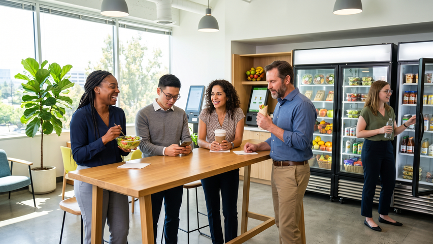 Employees enjoying lunch in breakroom with self-serve mini markets.
