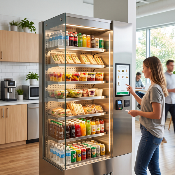 A stocked mini market offers fresh food and beverages in a workplace.