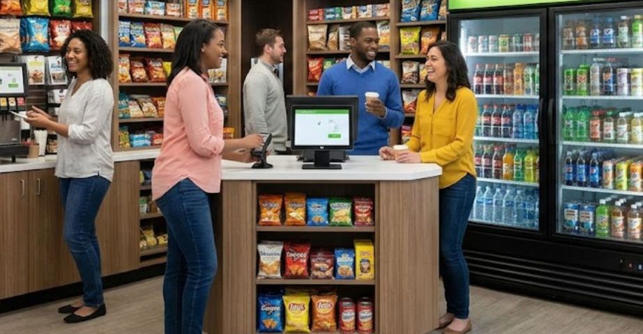 A diverse group of colleagues gather happily around a modern, well-lit micro-market kiosk in an office breakroom, browsing fresh food options.