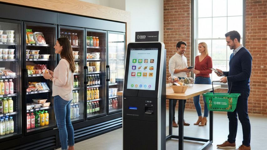 Modern office micro market with employees selecting healthy snacks and using a self-service kiosk. Modern office micro market with employees selecting healthy snacks and using a self-service kiosk.