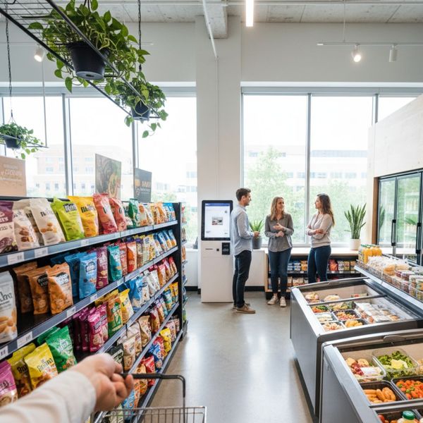 An employee holds a shopping basket, looking down an aisle of snacks towards other colleagues chatting near a self-service kiosk in a modern micro-market.