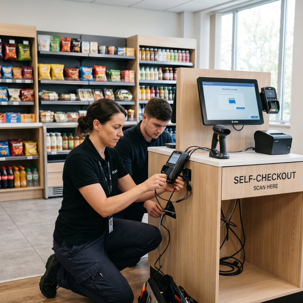 A technician installs a smart self-checkout kiosk