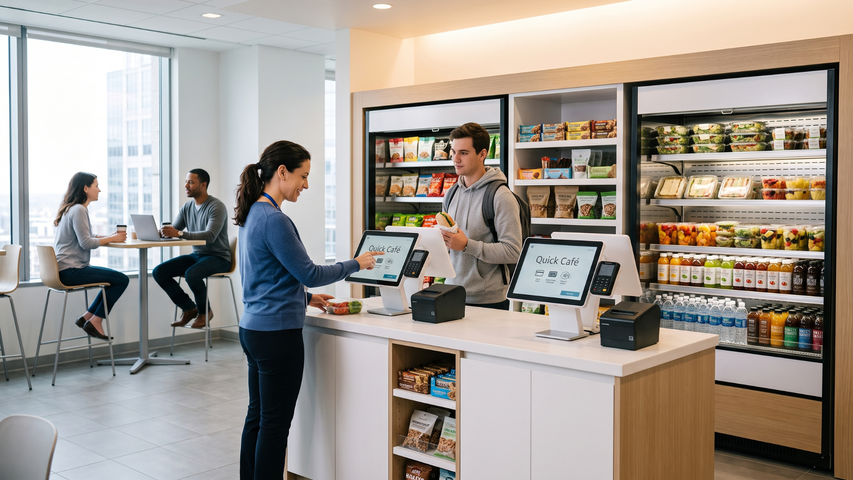 A woman interacts with a touch screen in a modern office pantry, while another person waits nearby. A woman interacts with a touch screen in a modern office pantry, while another person waits nearby.