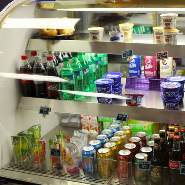 a variety of snacks in a display case