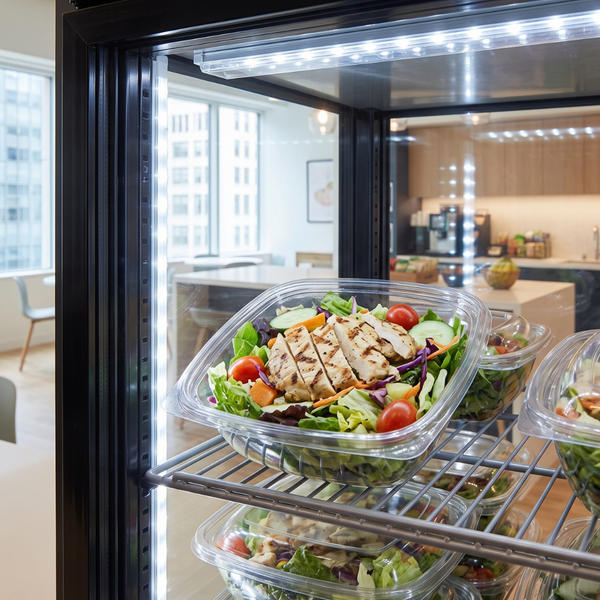 Close-up of a fresh salad in a refrigerator.