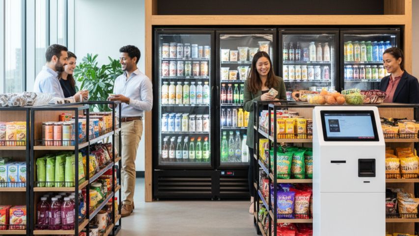 People are casually shopping and interacting in a brightly lit, modern micro-market featuring shelves of snacks, beverages, and a self-service kiosk.