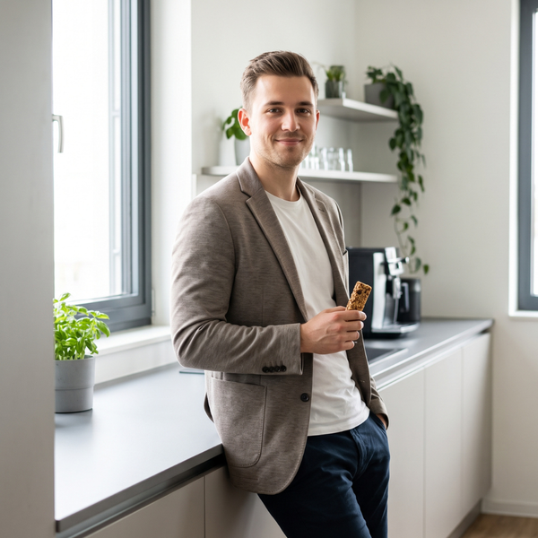 An employee leaning against breakroom counter.