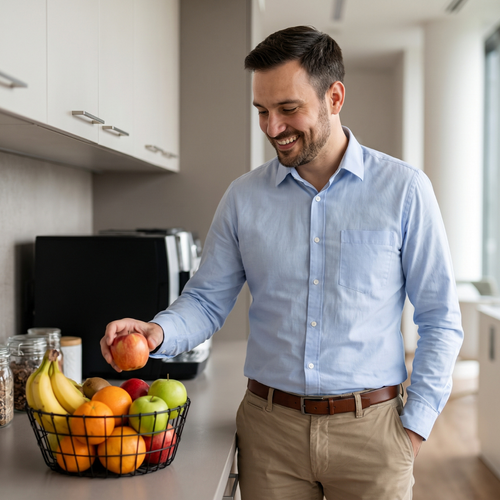 An employee selects a healthy piece of fruit from a breakroom basket.