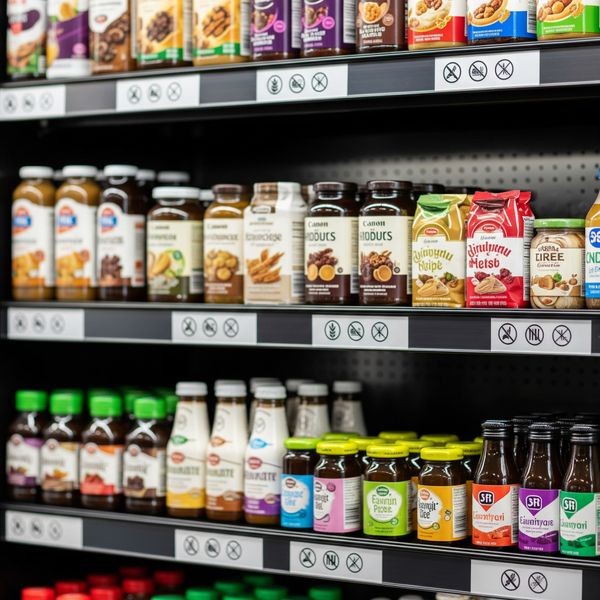 Close-up of a micro market display highlighting clear labeling of allergy-friendly products like gluten-free, nut-free, dairy-free.