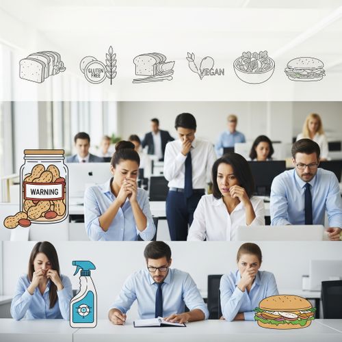 Professional stock image illustrating common workplace allergens and their impact, with subtle symbols of various dietary restrictions.