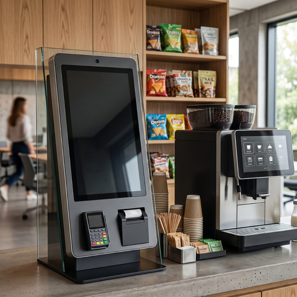 A payment kiosk with a coffee station.