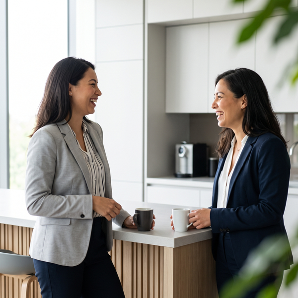 Two colleagues talking informally in a modern breakroom.