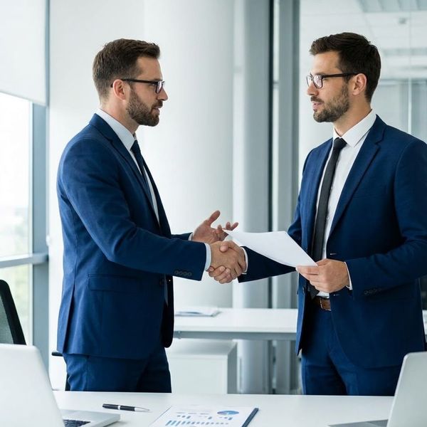 Two professional colleagues in business attire discuss data on a laptop and shake hands in a bright, modern corporate office.