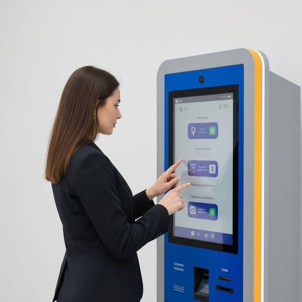 A woman in professional attire is shown interacting with a modern self-service kiosk, touching the screen to make a selection.